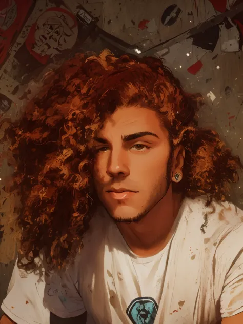 of a man with long curly hair wearing a white shirt, um homem com longos cabelos cacheados, curls on top of his head, em torno d...