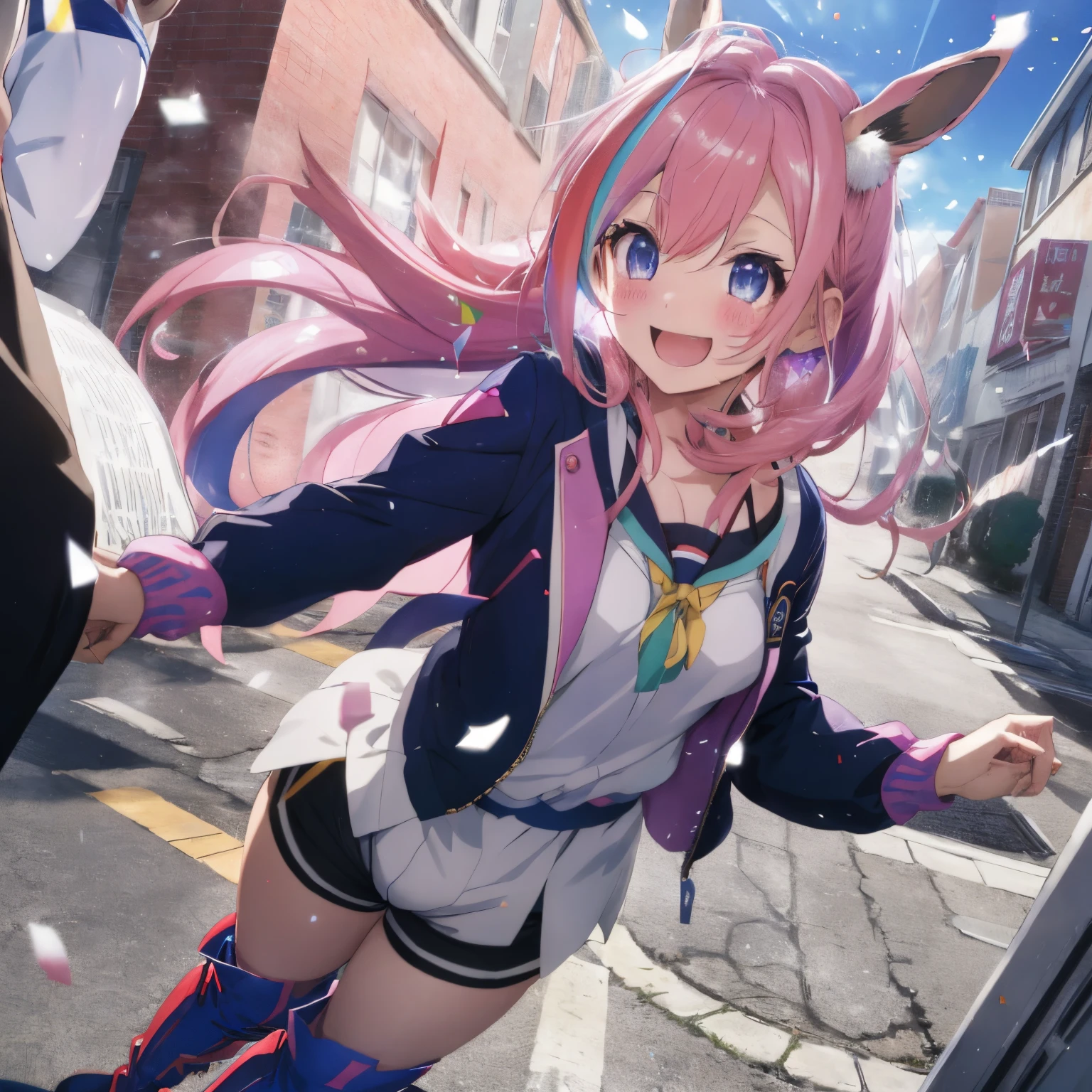 A sparkling sky with reflected light,Colorful confetti,Enliven the festive mood with Kusudama and Hanafubuki,fluffy hair,rainbow-colored hair,Shorts and short long-sleeved jacket,Do a fist pump,Happy with a big smile,rejoice exaggeratedly,long-sleeve,long boots,Slightly red tide,The clothes are a little disheveled.,Eevee is moving around energetically,