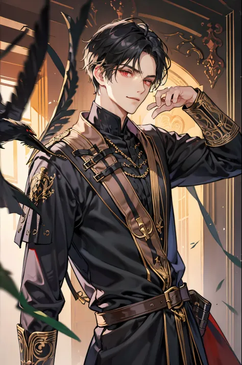 1 male, adult, tall and lean,  handsome, short black hair, dark red eyes, condescending smirk, a prince dressed in black with go...