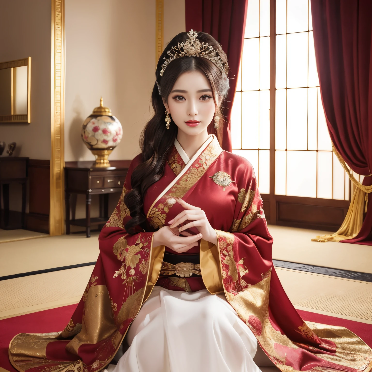 ((top-quality、masutepiece、8K、Top image quality、Very complex and detailed details))、1 Princess、 One Princess、Oiran costume、Luxury and gorgeous long-sleeved kimono、Luxurious hair ornaments、Perfect makeup、perfect princess hairstyle、apply white powder、red lipsticks、long eyelashes、Luxurious interior、the most luxurious and gorgeous royal family、unimaginable luxury、Golden decoration、golden folding screen、The most gorgeous and luxurious bedroom、the most luxurious and complex royal family、everything in the room is nice、gorgeous king&#39;room with at、Deep red velvet carpet with embroidery、very high quality and expensive curtains、artistic and intricate decoration、Gorgeous bedroom、Atmosphere of the Heian period、Beautiful Niwa-lacquered pillars、the most luxurious and luxurious royal family、Heian Keio family、Japan in the 800s、Heian period、Perfect reproduction of Japan&#39;Heian period、Take a photo of her from the knees up、Perfect gas chamber、smil
