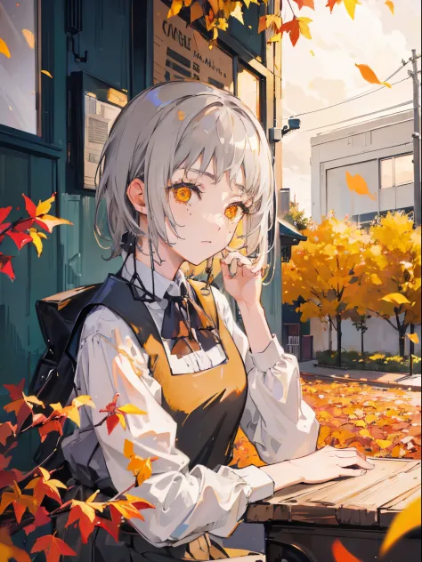 (top quality, best quality:1.2),(1girl:1.3), gray hair, autumn, yellow and orange leaves