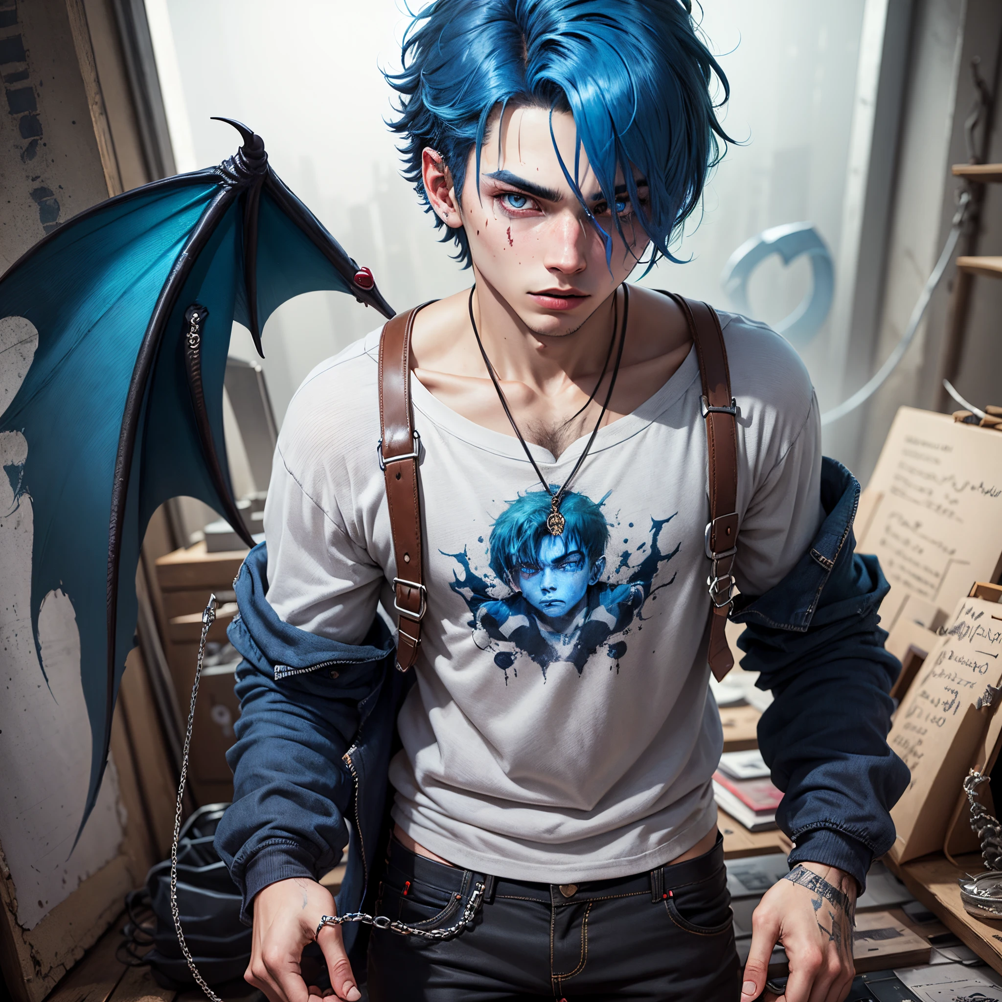 Arafed male with blue hair and a blue dragon tattoo - SeaArt AI