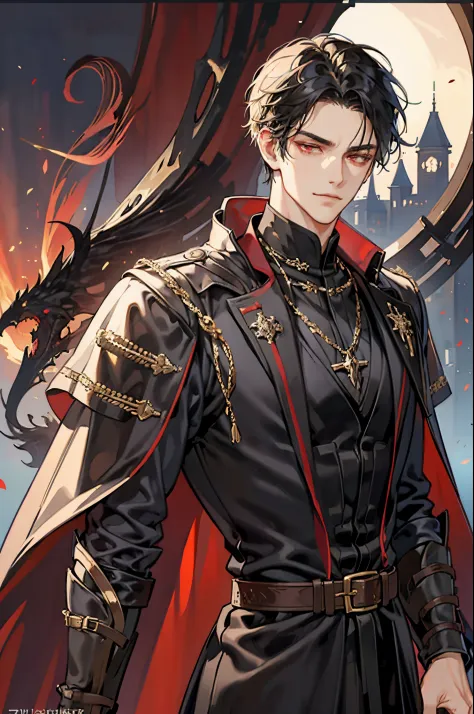 1 male, adult, tall and lean,  handsome, short black hair, dark red eyes, condescending smirk, a prince dressed in black with go...