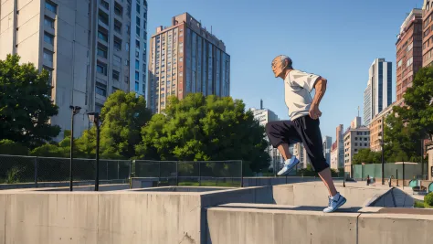 reallistic、Top image quality、park in the morning、Man in his 70s、Parkour、jump off the wall