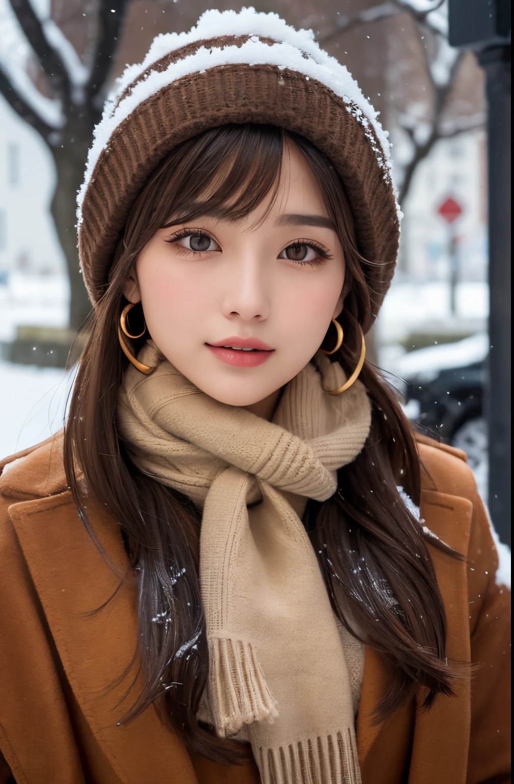 1 girl, bara_trees, Brown_eye, Brown_hair, building, coat, cross_earrings, earrings, body hair, Grooming_coat, body hair_collar, body hair_bandana, body hair_trim, jewelry, lips, Shorthair, olhando_Stelle_audience, outdoor, snow, snow, bara, trees, upon_body, winter, winter_clothes, Detailed_eye,Big breasts, Arms close together., Chest facing the camera, large, ears out, Golden Ratio Face, Golden Ratio Body, bestquality, ultra-high resolution, bangs