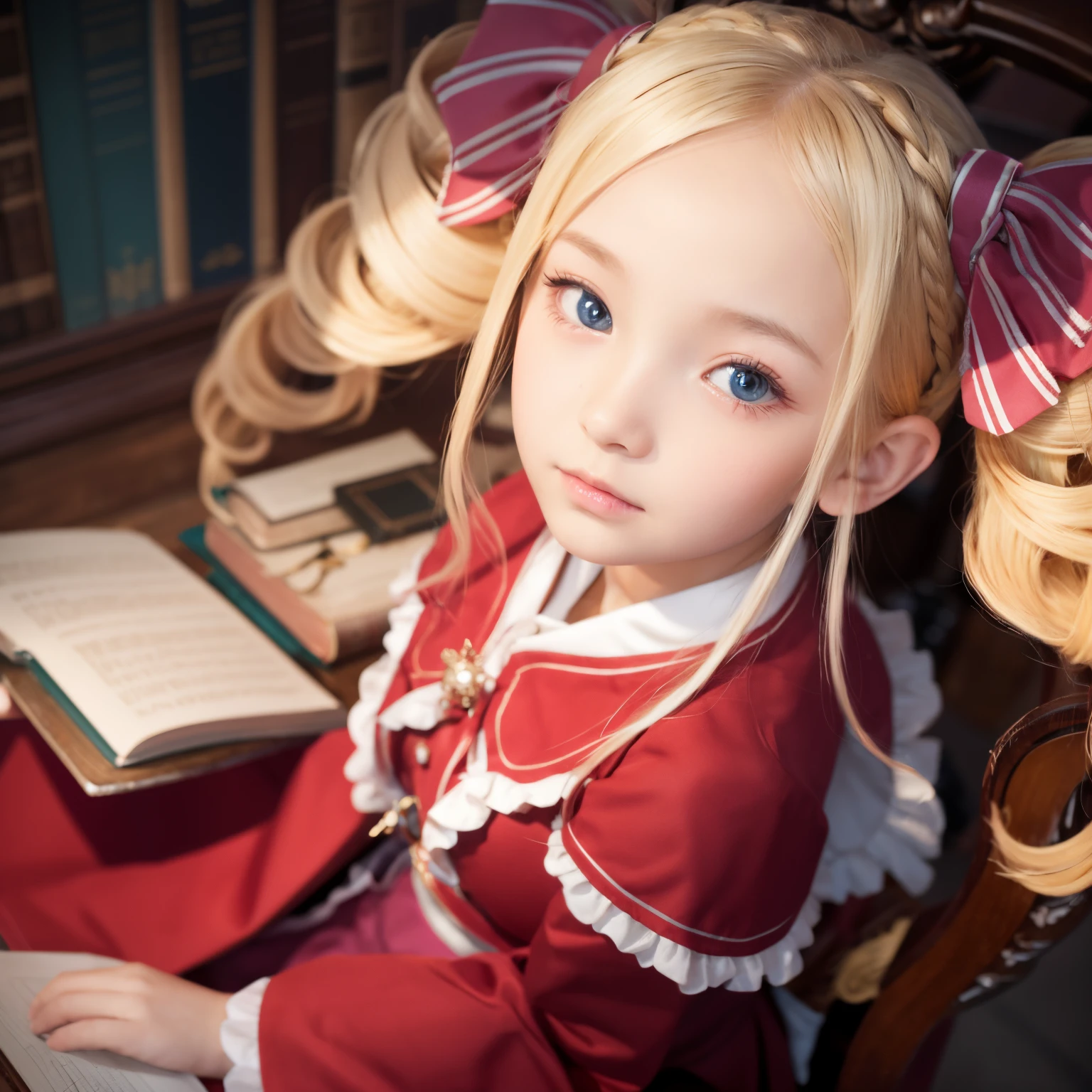 top-quality, 8K, ultra-detailliert, Photorealsitic, Rezero, Beatrice, 1girll, Forbidden Library Background, Sitting on a chair, I don&#39;dong&#39;dong&#39;dong&#39;dong&#39;dong&#39;dong&#39;dong&#39;dong&#39;dong&#39;dong&#39;dong&#39;dong&#39;dong&#39;dong&#39;dong&#39;don&#39;t write on the desk., Vertical twin roll hairstyle, 12year old