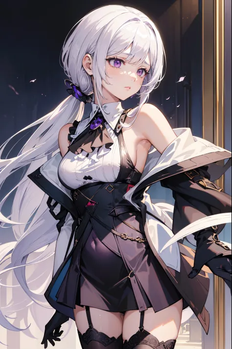 (best quality:1.3), (masterpiece:1.3), (illustration:1.3), (ultra-detailed:1.3), (imid shot:0.9), 1girl, medium breasts, purple eyes, (((white hair))), hair ornaments, young, outfit-gladiia, long hair, tied hair, indoors, black shorts, thigh-highs, low pon...
