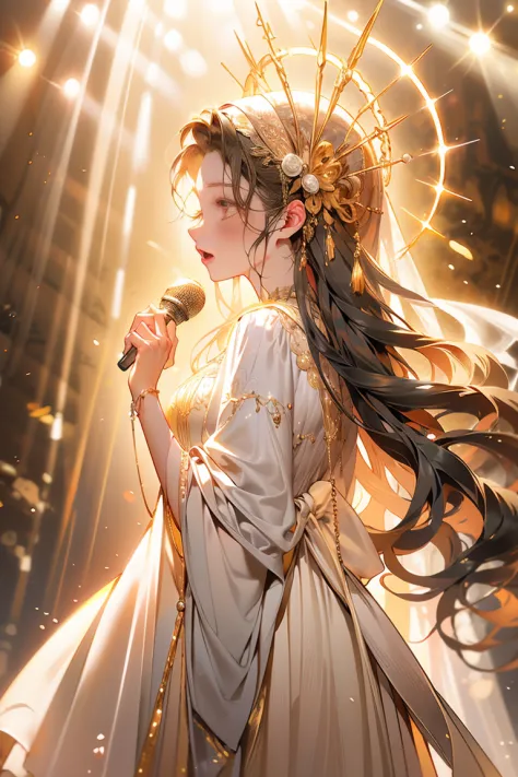 (masterpiece),(best quality),(ultra-detailed), beautiful detailed face. 1girl, idol singer, long skirt, on the stage, microphone