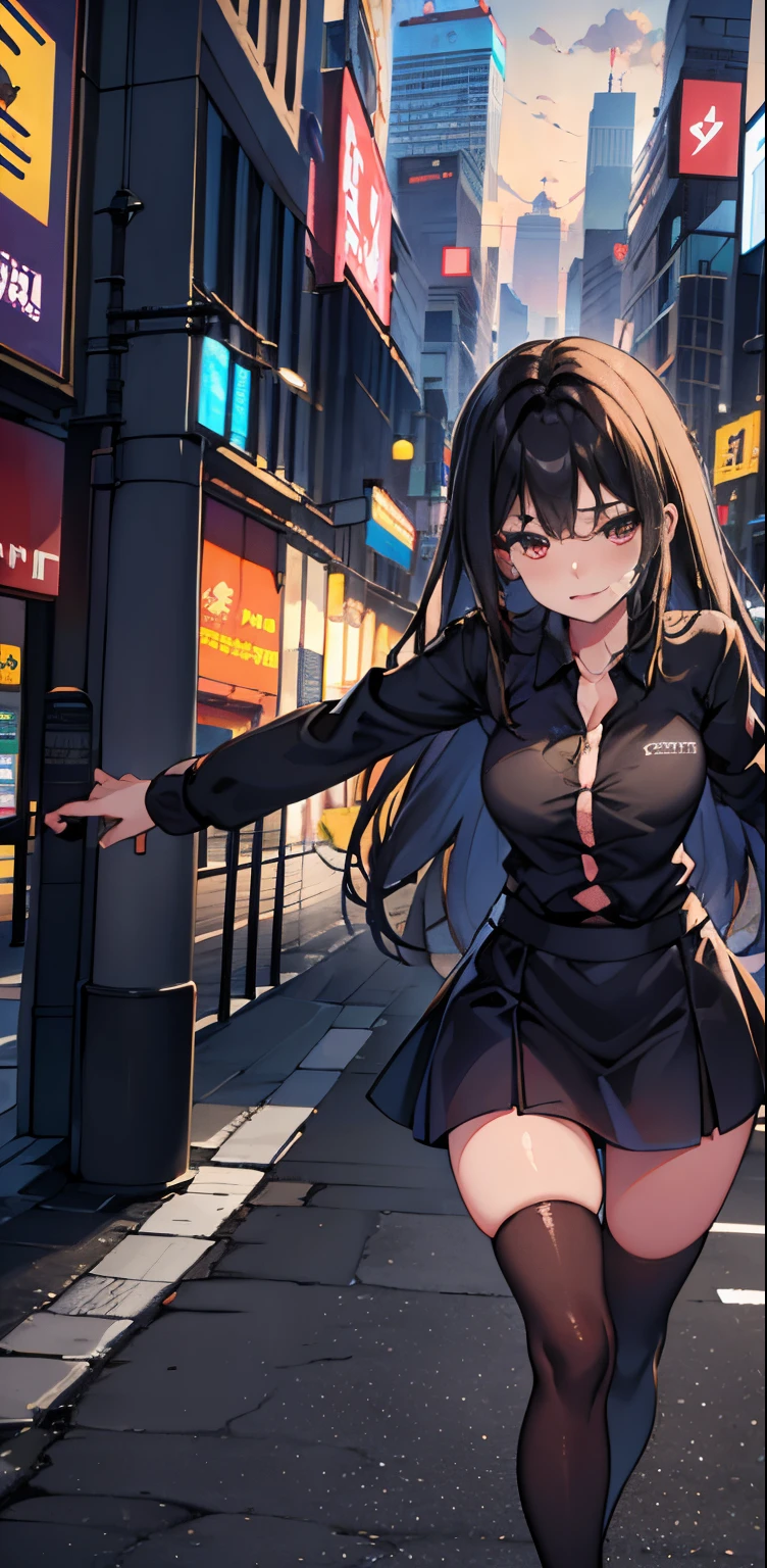 Anime girl in a short skirt walking down a city street - SeaArt AI