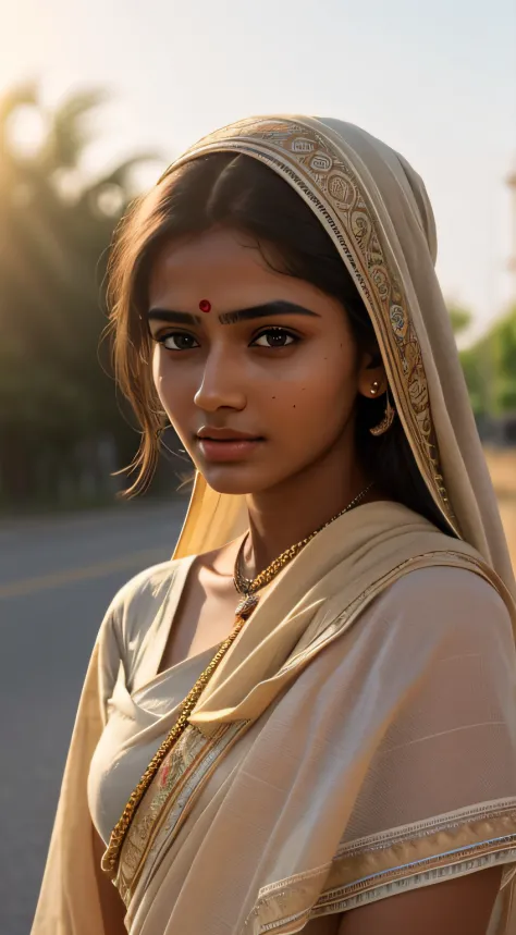 young Indian girl, 18-year-old,  gentle sun lighting on face , village mood , green colour old cloths about to get ripped , vill...