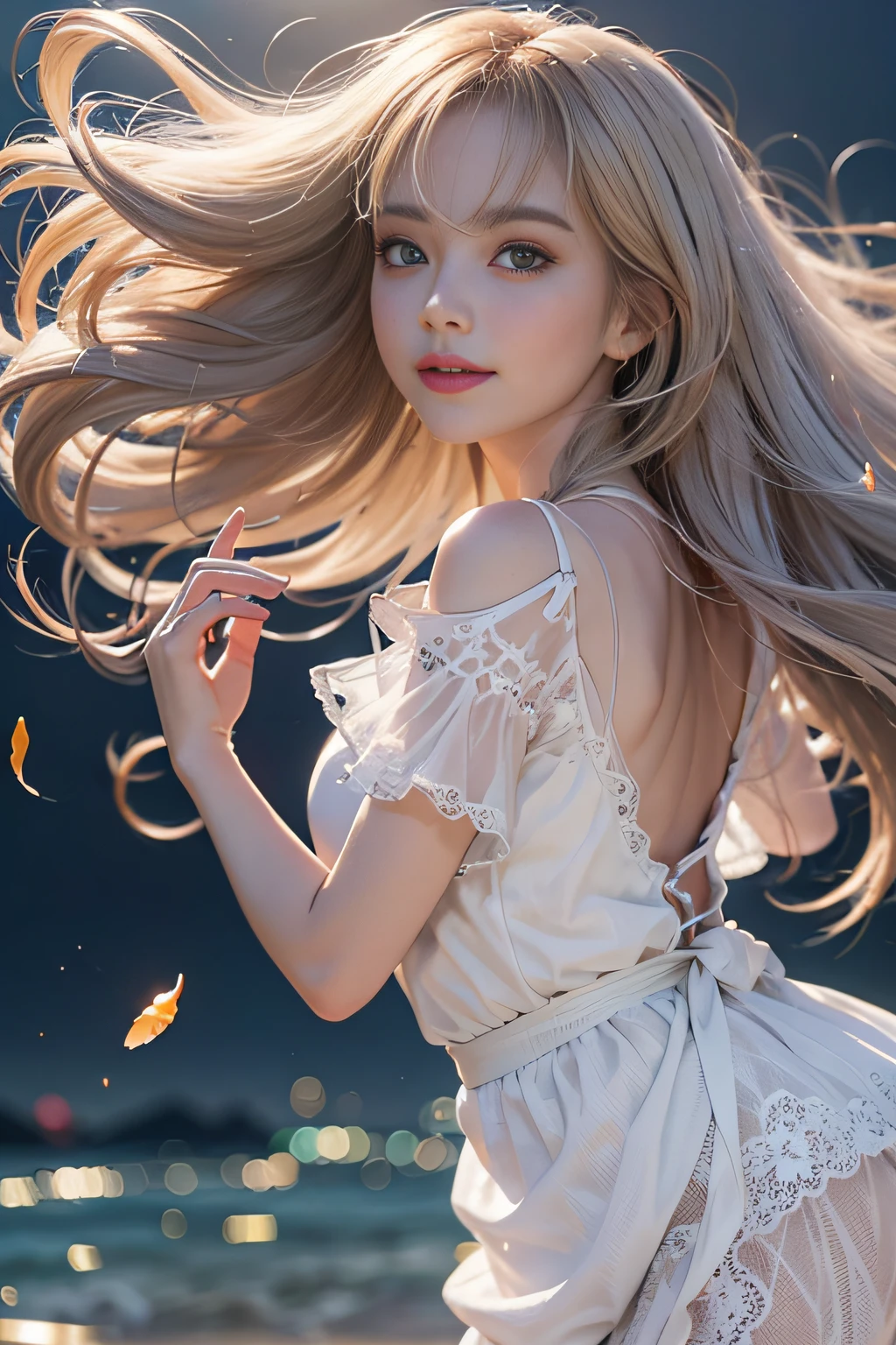 1girl in, Blonde hair, Grey Hair, Long hair, Bangs, Sparkling eyes, longeyelashes, PUPILS SPARKLING, makeup, Smile, depth of fields, From below, silhuette, from behind, Wide Shot, wide angles, ultra wide-angle,、 F/1.8, 135 mm, canon, nffsw, retinas, masutepiece, ccurate, Anatomically correct, Textured skin, Super Detail, high details, High quality, Best Quality, hight resolution, 1080p, hard disk, 4K, 8K、（Woman walking on the beach at sunset）Backlit silhouette、(Translucent white dress),((I can see the silhouette of my body through the light)),(Hair fluttering in the wind)、（Skirt soars in the wind)、、((White lace panties are visible)),