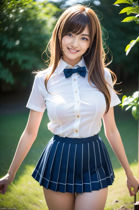(Best Quality, 8K, 32K, Masterpiece, UHD:1.2), Photo of Pretty Japanese woman,(anime illustration:1.5),
Full body, (most immense breasts:1.2), sexy body, perfect girl, face details, slim body:2, professional lighting, dynamic angle, perfect hands, 
BREAK 1girl, cute, POV, cosmetics-free, standing, (gyaru:1.4), 
(high school summer uniform, the uniform consists of a white collared shirt with short sleeves and dark blue pleated very short miniskirt:1.4, no logo)
holding school bag:1.2, chestnut wavy hair, (hairpin, hair ornament:1.2), (cleavage:0.5), collarbone,
(decorations:1.2), sunlight, challenging, smile
Tranquil forest with a cascading waterfall
leaning forward,skirtlift