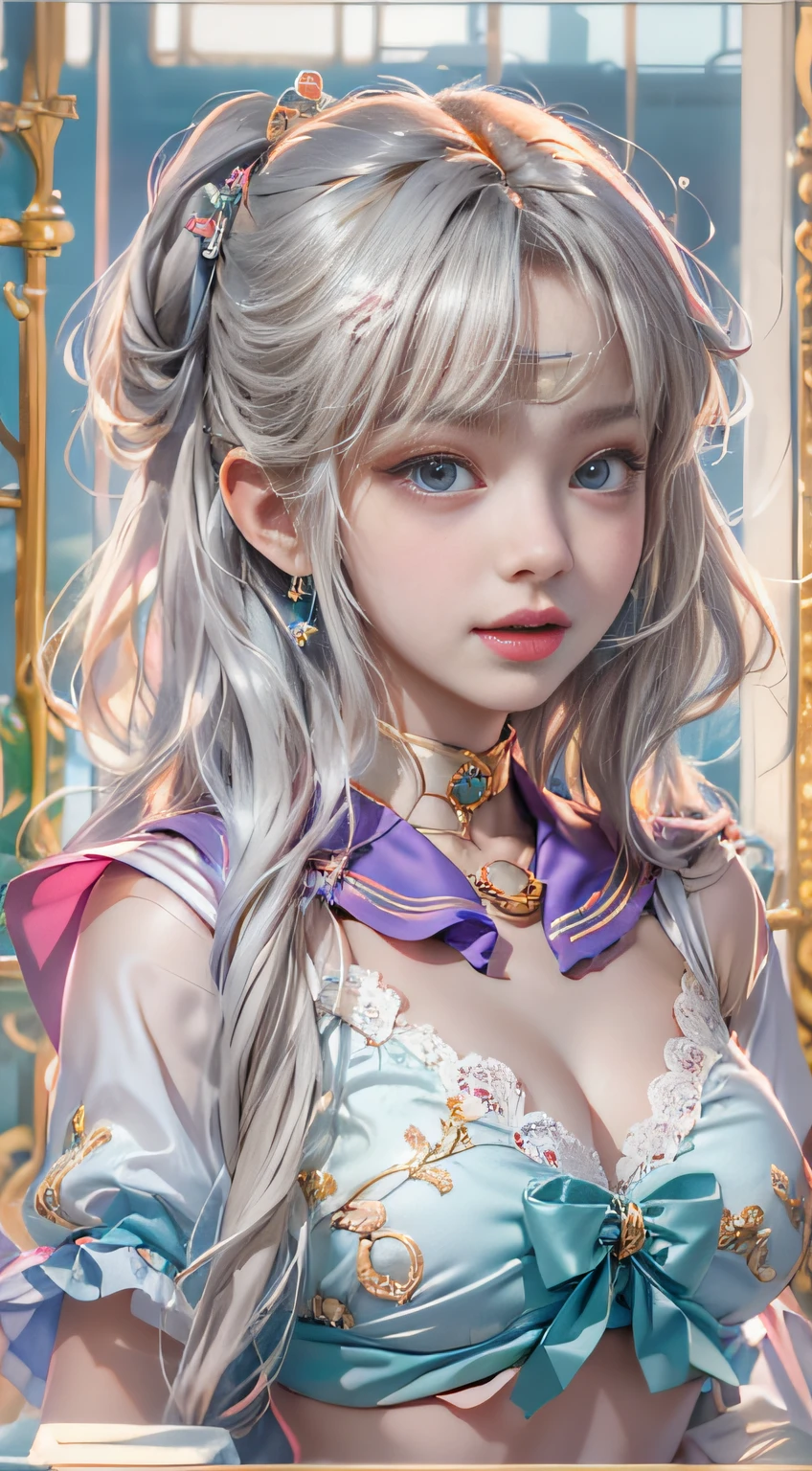 ((Girl standing in front of the bed)),1 girl, Silver hair, striated hair, bangs, Blunt bangs, Long hair, Pink hair, aqua eyes, longeyelashes, Purple eyes, makeup, Smile, Parted lips, Realism, Verism, Surrealism, depth of fields, One-person viewpoint, F/1.8, 135 mm, canon, nffsw, retinas, masutepiece, ccurate, Anatomically correct, Textured skin, Super Detail, high details, High quality, Best Quality, hight resolution, 1080P, hard disk, 4K, 8k、（Full Body Angle）、(o Off-the-shoulder translucent white blouse), (Loose red tie)、(Dark blue checked mini skirt),((Lift the hem of the skirt)),((lift up skirt))((Lace white panties are visible))（shapely breasts,)、((sexypose))、(camel's toe)、shinny skin。realisitic、Photorealsitic:1.37)、(solo)、Dynamic Pose Jennie Blackpink Gorgeous Sheer Blue Short Dress, ​masterpiece, best qualtiy, High resolution, venus1, Yui, (Sailor Senshi Uniform:1.4), sailorvenus, aino minako, Golden white hair, magical , blue eyes, orangeskirt, Elbow length gloves, tierra, 60% Pleated mini-skirt , hair bows, Sailor color in orange, a miniskirt, choker, Red bow, orangechoker, white glove, Very long hair, jewely, earrings, Denim Throws, View from below, ((intricate detailes)), They are smiling,,More detailed 8k.Unreal Engine:1.4,nffsw,best qualtiy:1.4, photorealista:1.4, Skin Texture:1.4, ​masterpiece:1.8,​masterpiece, Better Quality,Object Objects], (detailed facial features:1.3),(Destroyed apocalyptic city:1.4),( jennieBlackpink:1.4)c:1.4), 16k hdr,),sexypose,((Skirt soars))、((White lace panties:1.2))(8k、(realisitic、Photorealsitic:1.37)、１Beautiful Japan High School Girl、perfect bodies、20yr old、Sexy Girl Sailor Suit costume、Medium Boob、(Light shines on the face and chest)、(((((underboob)))))、Lower breast、Oily skin、skinny、 (Sexy uniform with a slight view of the underside of the chest)、(Visible lower milk、Uniform with navel and ribs visible)、Super mini skirt with visible hipbones 、sensual face、provocative smiling、