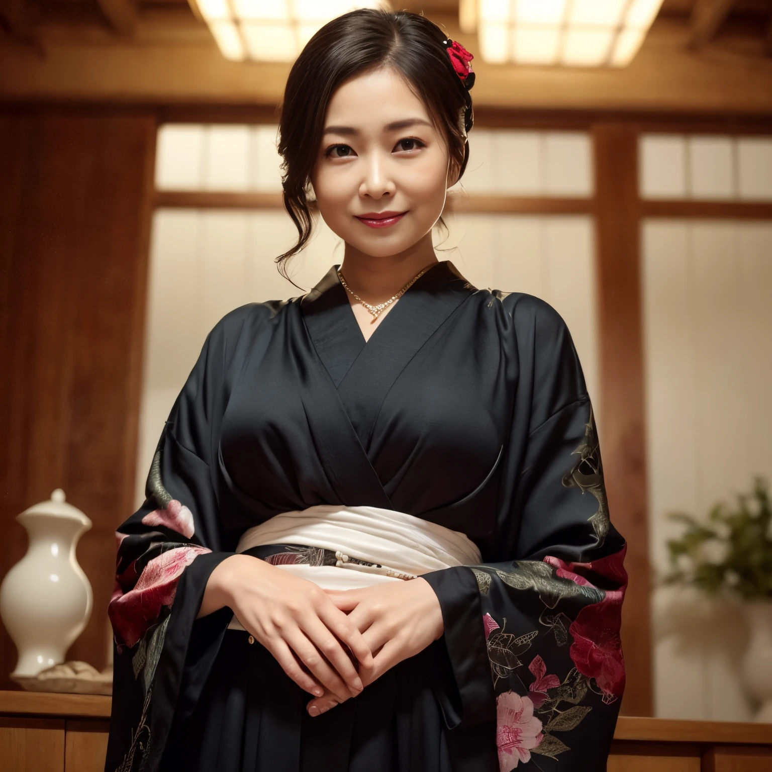 ((Best Quality, masutepiece, 超A high resolution、The most complex and detailed depictions、Luminescence、Highly saturated、Bright and saturated、vivid))、One woman、Wearing a luxurious black kimono、(((mournful、mournful smile、sad Facial expression、saddened、Looks like you're about to cry)))、(all black kimono、Black mourning clothes、Kimono mourning、Pearl necklace、Graceful standing、standing elegantly)、Elegant kimono、Shot from the waist up、(((Staring at me、Perfect gas chamber、look at me perfectly)))、A detailed face、Perfect glossy lips、perfect anatomia、elegantly styled hair、natural make up、A detailed face、face perfect、Beautiful fair skin、perfect shiny skin and hair、The background is an elegant Japanese room、Lush hairline、large full breasts、