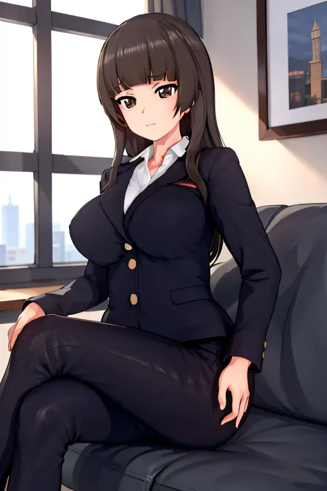 masterpiece, best quality, 1girl, solo, milf, girls und panzer, nishizumi shiho, blunt bangs, pant suit, sitting, couch, crossed legs, cowboy shot, indoors, office, windows, blue sky