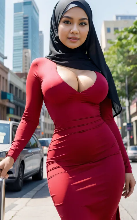 RAW, Best quality, high resolution, masterpiece: 1.3), beautiful Malay woman in hijab,wearing pencil dress, perfect slim fit body, (big breasts), big gorgeous eyes, Soft smile, shairband, afternoon walk, City street,((bokeh)),Excellent lighting, Bright col...