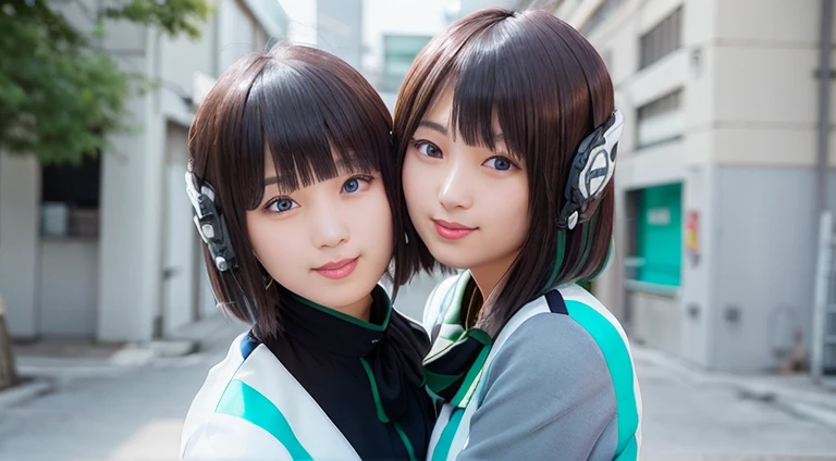 two beautiful young women hugging each other in a studio shot stock photo, two girls, two beautiful women in love, woman holding another woman, beautiful gemini twins portrait, lesbian embrace, cute girls, lesbians, two women, two models in the frame, portrait of women embracing, beautiful gemini twins, young girls, 2girl, twin, hug each other, two same girl, selfcest, twins, izu, humagear, humagear_headset, headphone, sitting, best quality, photorealistic, masterpiece, 8k, high res, solo, (((woman))), (very breast), ((looking at the viewer with face)), (looking at the camera:1), (short hair), bob hair, (professional lighting, bokeh),top angle view, extremely detailed face, fashionable and trendy atmosphere, japan, street, tokyo, factory, ((daytime)), (portrait:0.6), seductive and smile, gorgeous, floating hair, (light particles, lens flare, glowing particles:0.6), (dynamic pose:1.2), soft lighting, black hair, full body, smile, camera, blue eyes, black nail ((pussy:1)), nude