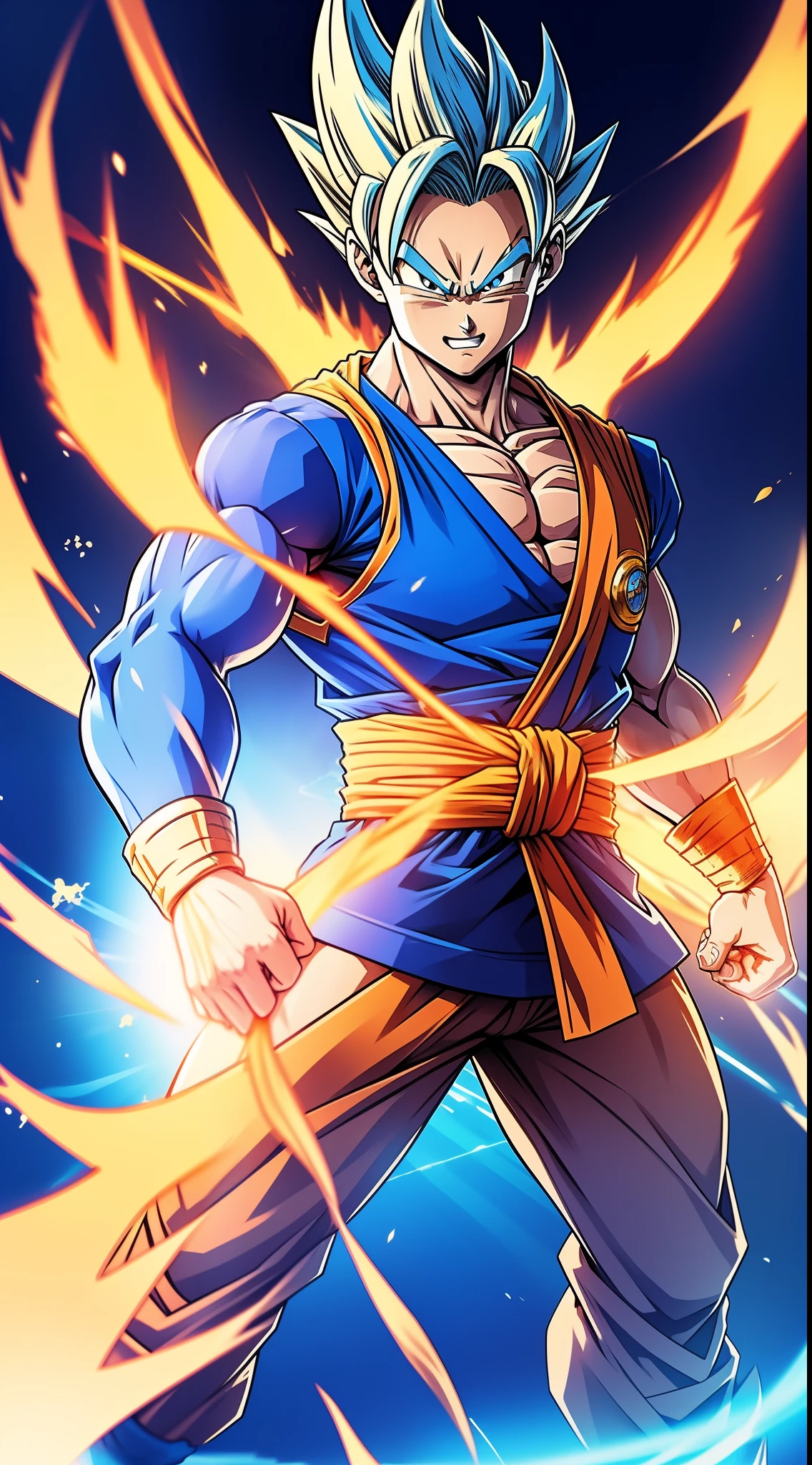 dragon ball style,(and draw the full body),Forward oblique upward view,Eyes are light blue, Goku Hair,Smiling, Orange Kempo Suit, Turtle logo on the left chest of the kempo suit,(full bodyesbian),He is in a Kamehameha stance,Blue plasma is scattered