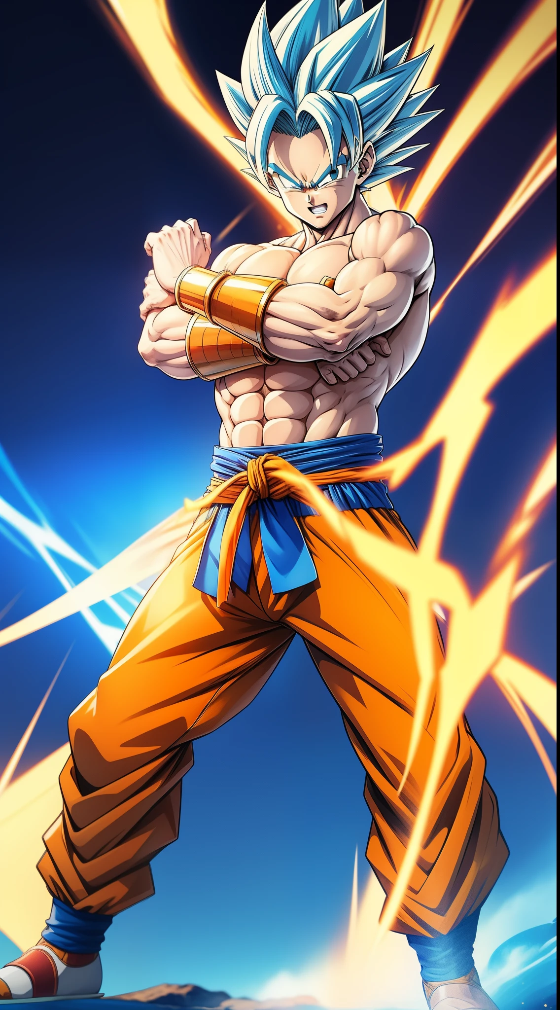 dragon ball style,(and draw the full body),Forward oblique upward view,Eyes are light blue, Goku Hair,Smiling, Orange Kempo Suit, Turtle logo on the left chest of the kempo suit,(full bodyesbian),He is in a Kamehameha stance,Blue plasma is scattered