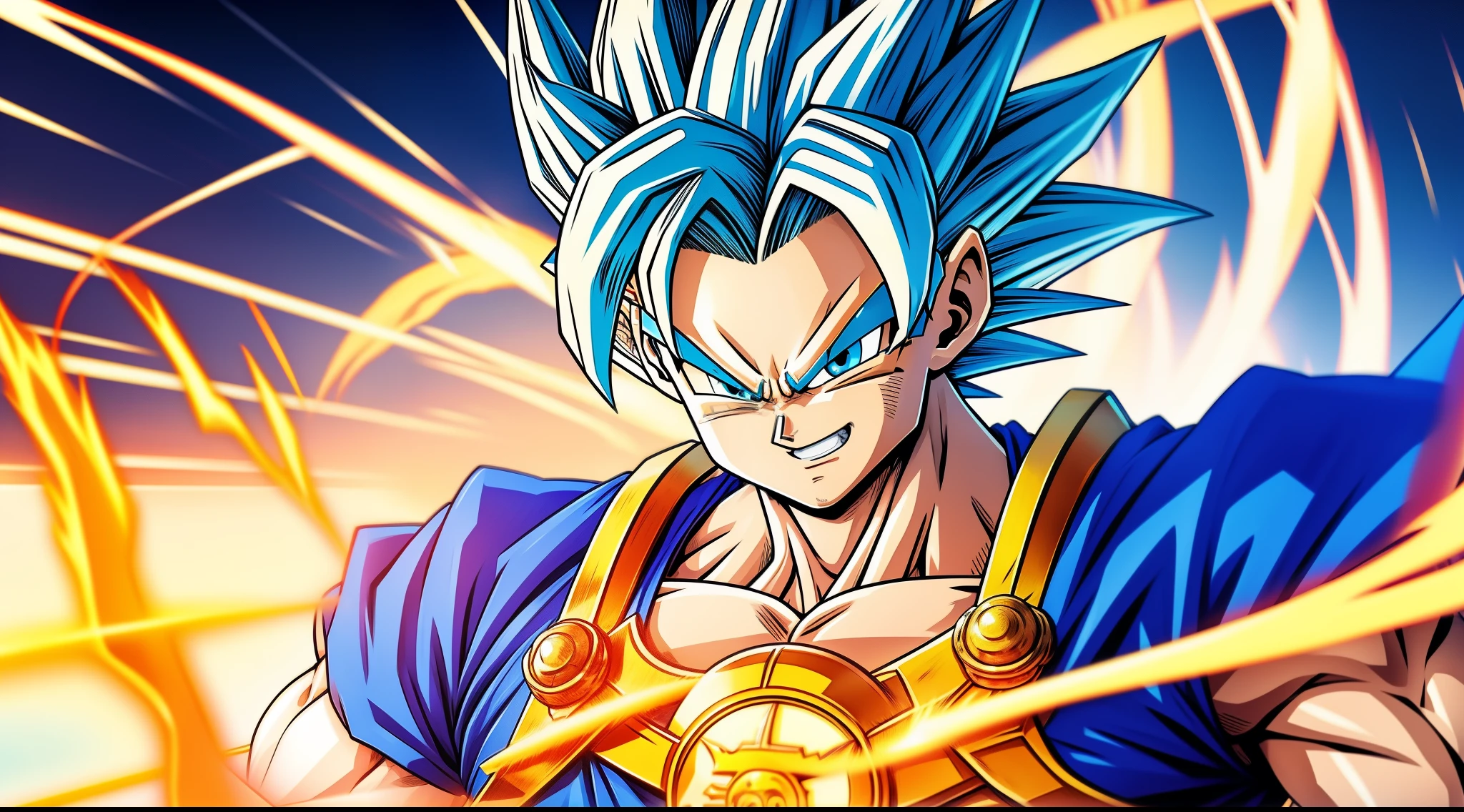 dragon ball style,(and draw the full body),Forward oblique upward view,Eyes are light blue, Goku Hair,Smiling, Orange Kempo Suit, Turtle logo on the left chest of the kempo suit,(full bodyesbian),He is in a Kamehameha stance,Blue plasma is scattered