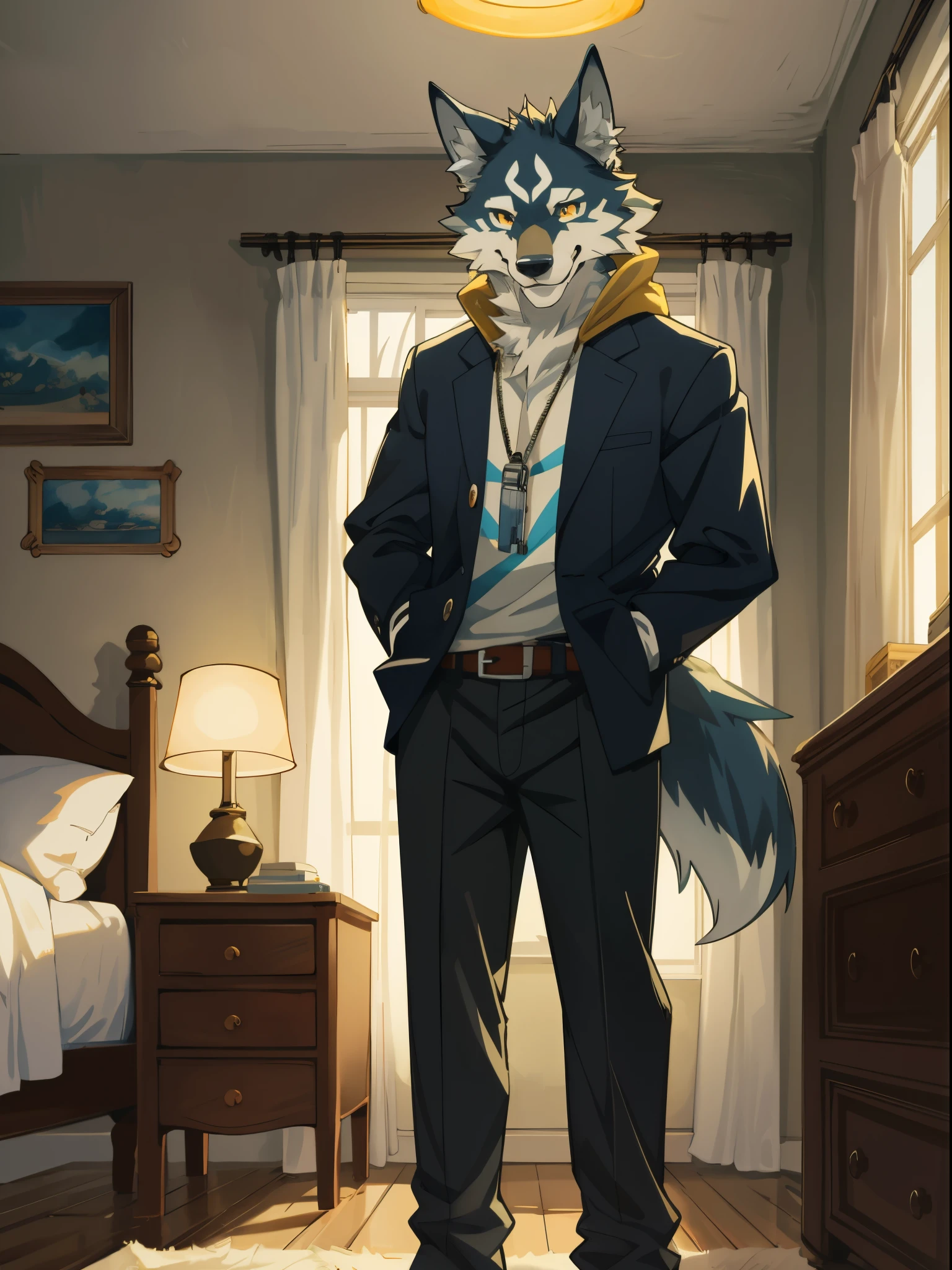 Anime character dressed in a suit and tie standing in a bedroom - SeaArt AI