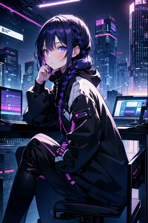 Very young girl, Black mask, White skin, code on computer, hacker style, Curve,sitting on、Seen from the side、deep purples, Dark,...