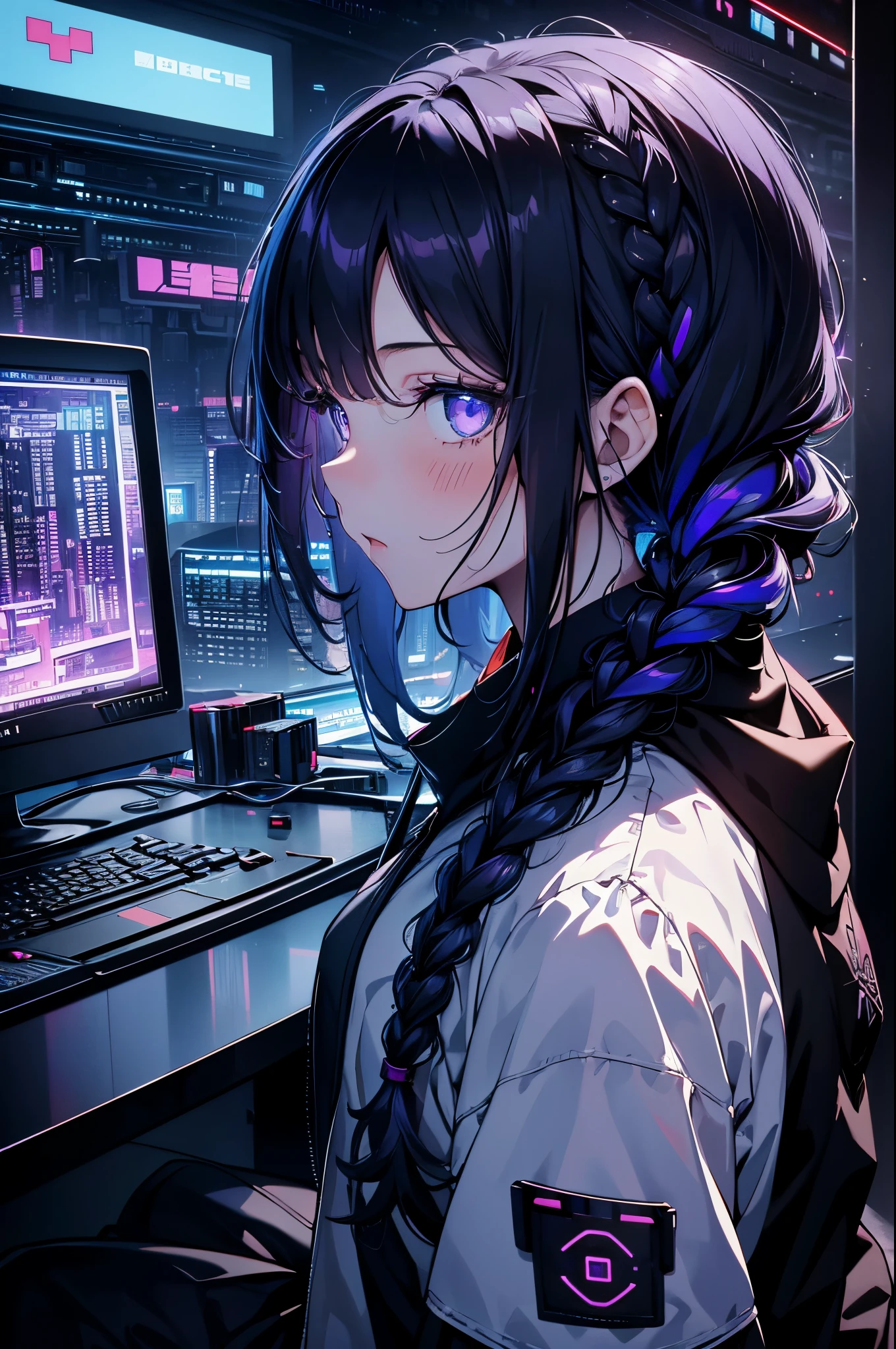 아주 어린 소녀, 검은 마스크, 하얀 피부, 컴퓨터의 코드, 해커 스타일, 곡선,에 앉아、옆에서 본、진한 보라색, 어두운, 머리끈, 어두운 blue hair, 케이블, 레트로, 사이버펑크, 데이터 센터 배경, 진한 보라색 테마, 밤의 도시