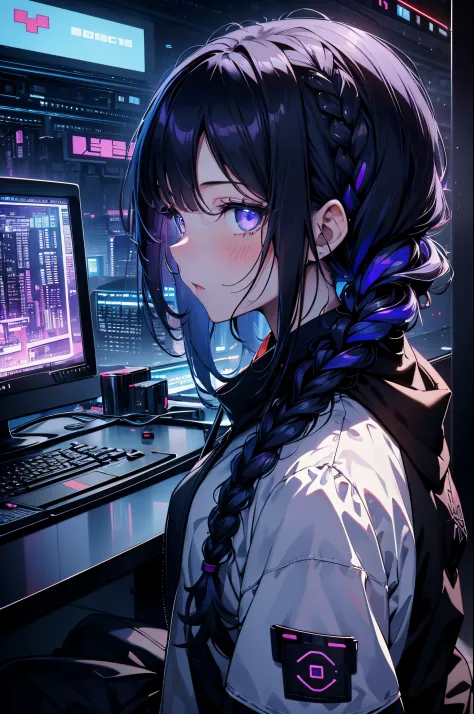 Very young girl, Black mask, White skin, code on computer, hacker style, Curve,sitting on、Seen from the side、deep purples, Dark,...