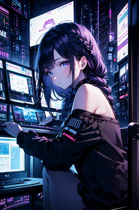 very young girl, black mask, white skin, code on computer, hacker style, curve,sitting on、seen from the side、deep purples, dark,...