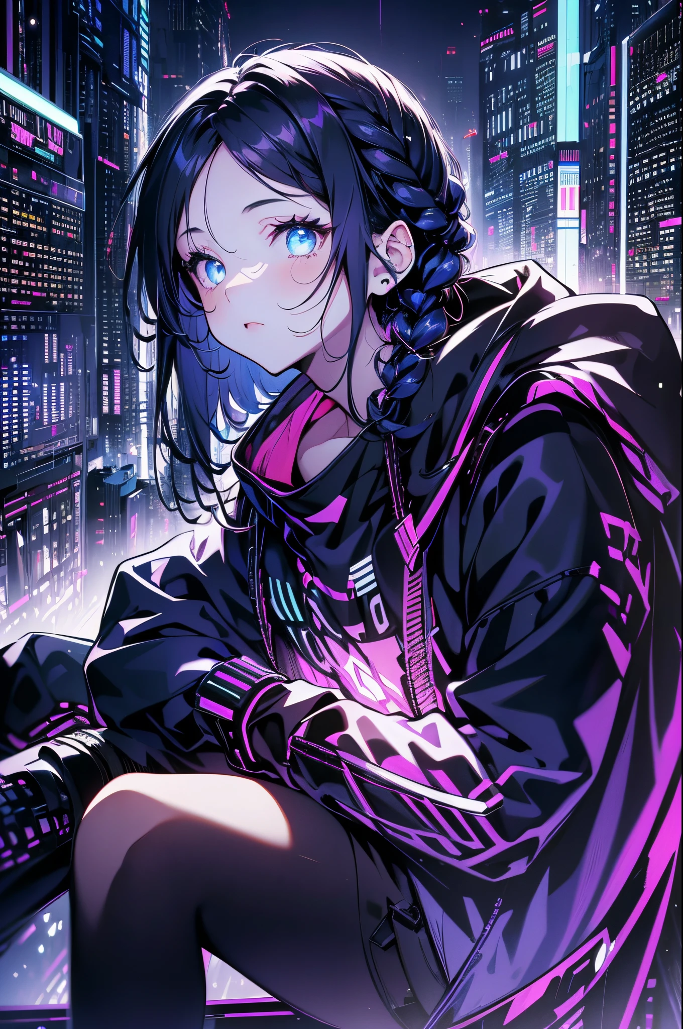 Very young girl, Black mask, White skin, code on computer, hacker style, Curve,sitting on、Seen from the side、deep purples, Dark, hair braid around ears, Dark blue hair, cables, Retro, Cyberpunk, data center background, dark purple theme, nightcity、thigh maximum quality、Big