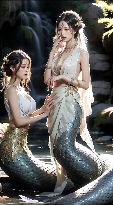 White Snake Ji，((Best Picture Quality, 8K, tmasterpiece:1.3)), sweetheart, hair-bun，hair pin，Slim abs:1.3, (Classic hairstyle, leaking big breasts:1.2), faeries，Delicate white snake scales:1.3, （mermaids：1.2），（Elongated S-shaped white snake tail：1.3），Ultra...