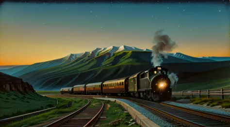 a moving train in a picturesque landscape of the American plain, a beautiful locomotive in the old detailed, perspectives of track, waves of smoke, the imposing mountains of the valley of death, a nostalgic steam train, flying birds, a bright sunset backgr...