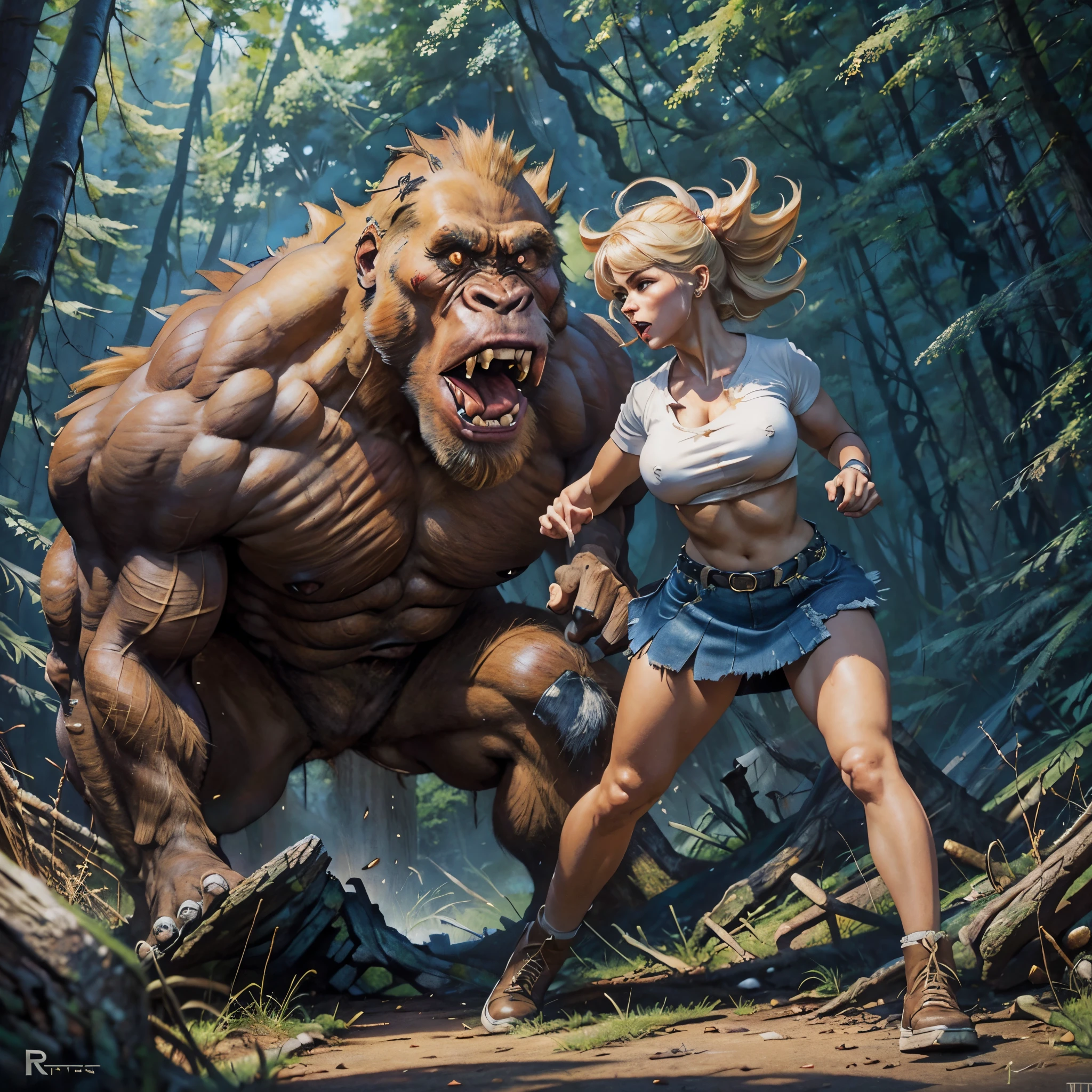 Arafed woman in a skirt and white shirt is fighting a big monster - SeaArt  AI