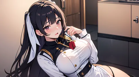 a woman, pixiv contest winner, serial art, top rated on pixiv, big breast, side boobs, wearing white navy uniform, her face is blushing, embarassed, seductive expression, naughty woman expression, azurlane style, standing, (full body:0.6), full body illust...