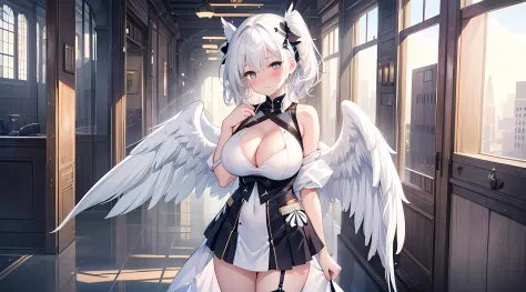 a woman, (white hair, detailed hair), pixiv contest winner, serial art, top rated on pixiv, angel wings, big breast, side boobs, wearing white angel cloth, her face is blushing, embarassed, seductive expression, naughty woman expression, azurlane style, st...