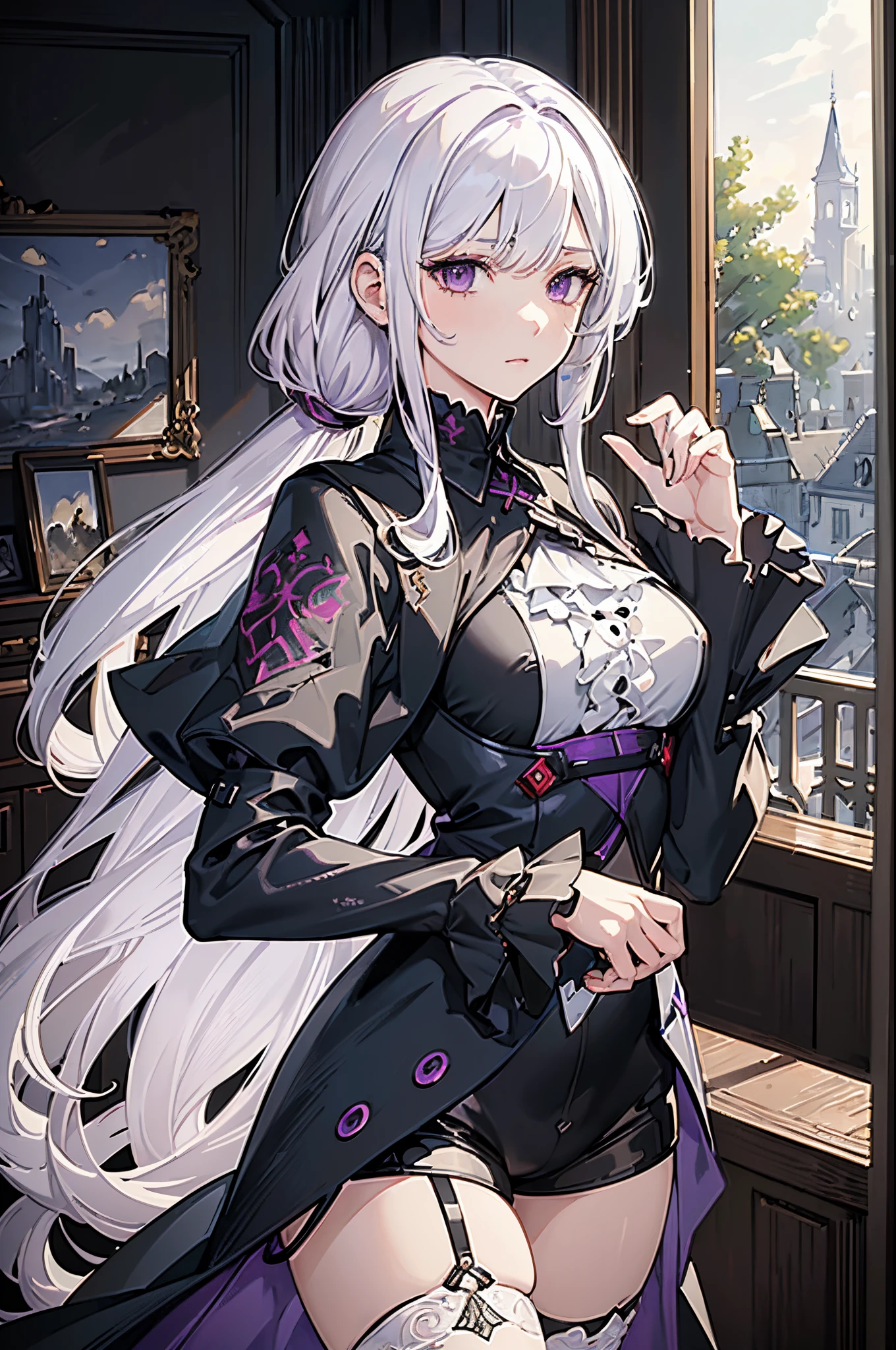 (best quality:1.3), (masterpiece:1.3), (illustration:1.3), (ultra-detailed:1.3), (imid shot:0.9), 1girl, medium breasts, purple eyes, (((white hair))), hair ornaments, young, outfit-gladiia, long hair, tied hair, indoors, black shorts, thigh-highs, low ponytail, expressionless, upper body, close up, coat,