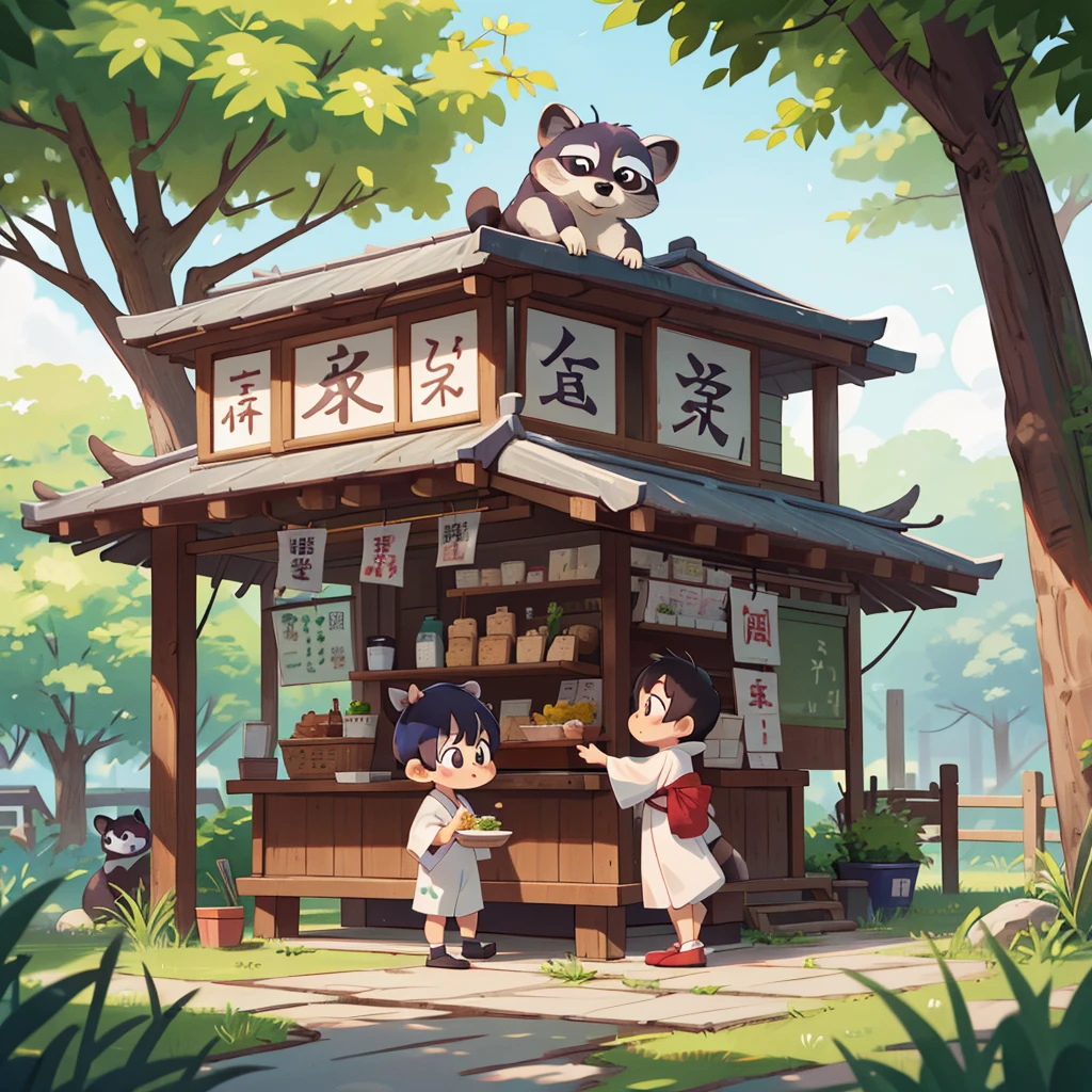 Little boy，shorth hair，shoun，A raccoon dog is personified，big tail，Deformed，omatsuri，food stand，Clean picture，Lots of people around，Wearing a yukata，