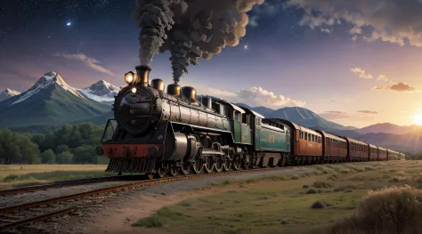 a moving train in a picturesque landscape of the American plain, a beautiful locomotive in the old detailed, perspectives of track, waves of smoke, the imposing mountains of the valley of death, a nostalgic steam train, flying birds, a bright sunset backgr...