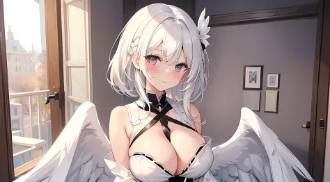 a woman, (white hair, detailed hair), pixiv contest winner, serial art, top rated on pixiv, angel wings, big breast, side boobs, wearing white angel cloth, her face is blushing, embarassed, seductive expression, naughty woman expression, azurlane style, st...