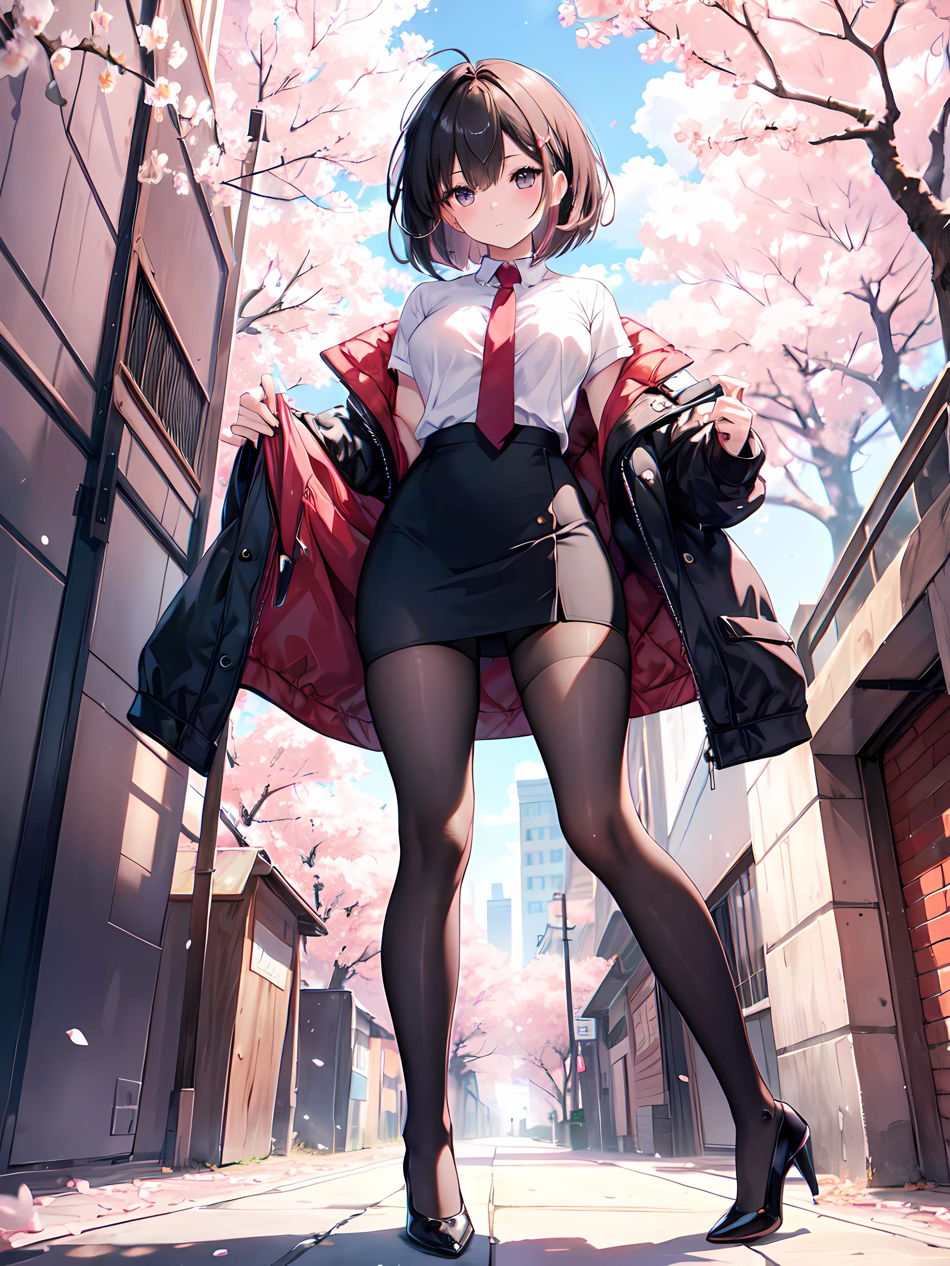 Anime girl in a skirt and jacket posing on a street - SeaArt AI