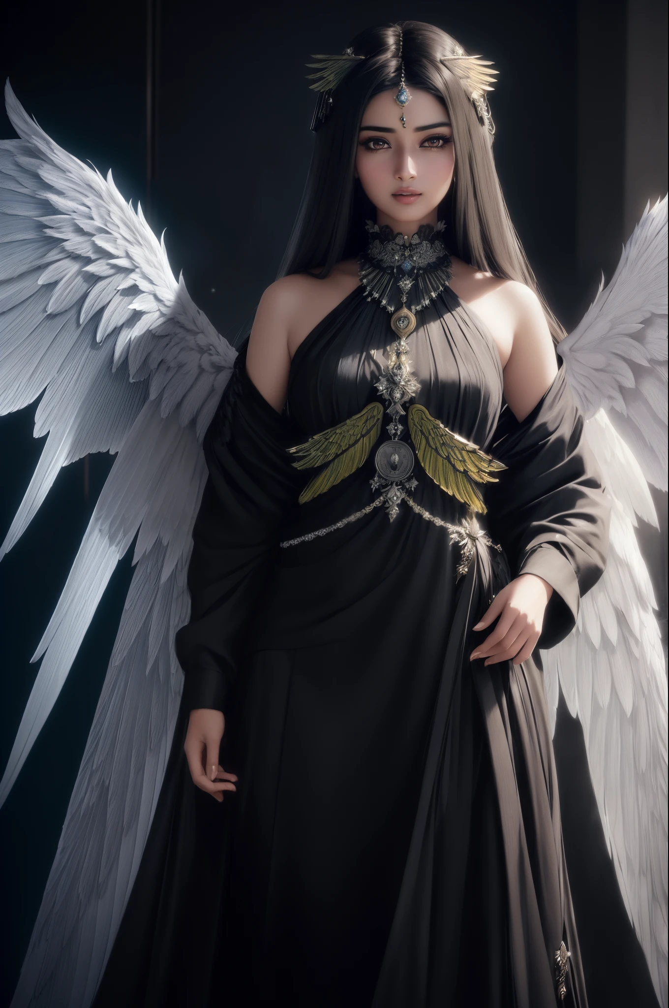 A woman in a black dress with white wings and a crown - SeaArt AI