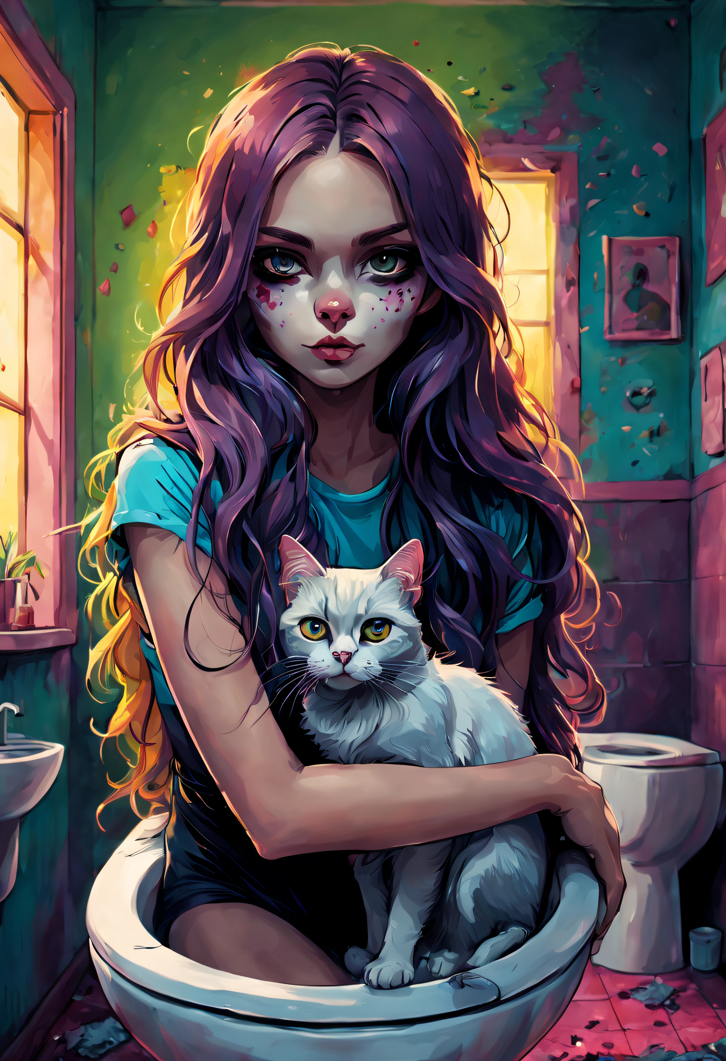 猫脸女孩站在厕所、性感的眼睛、美术、幽灵般的、美丽的风景、漂亮的眼睛、优美的姿态、漂亮的彩色长发、主题深度、细节刻画、桌上、(平面色彩:1.3)、(色彩缤纷:1.8)、(戒指:1.2)