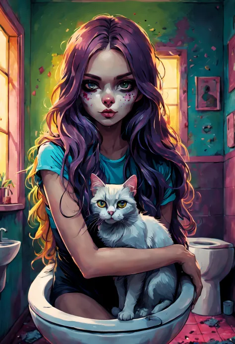 a girl with a cat face standing in the toilet、sexy eyes、fine art、spooky、beautiful scenes、beautiful eyes、beautiful posture、beauti...