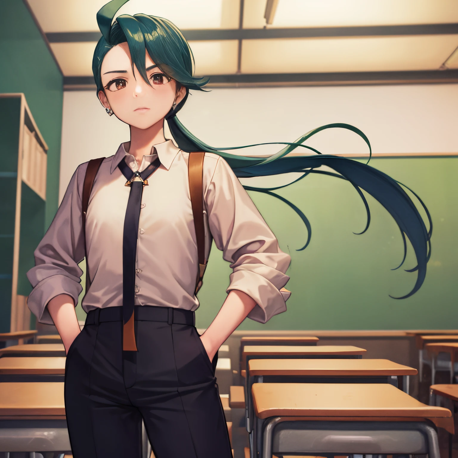 (masterpiece, best quality:1.2), cowboy shot, solo, 1girl, rika, expressionless, looking at viewer, hands in pockets, ahoge, ponytail, collared shirt, necktie, suspenders, black pants, earrings, classroom, breast expansion,