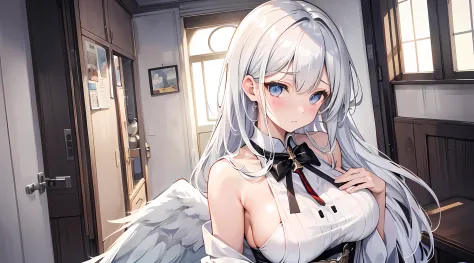 a woman, (white hair, detailed hair, beautiful eyes finely detailed), pixiv contest winner, serial art, top rated on pixiv, angel wings, big breast, side boobs, wearing white angel cloth, her face is blushing, embarassed, seductive expression, naughty woma...