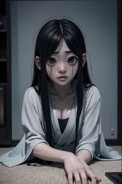 Sadako, soaking, wet robe, gray colored skin, Hair covers the face, sexy for.Sadako crawled out of the TV，A woman lying on the f...