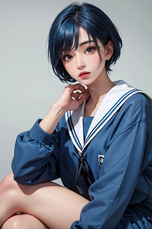 Solid makeup，Ami Mizuno，a sailor suit，lightblue hair，Hair parted in the middle，short-hair,Realistic，hiquality