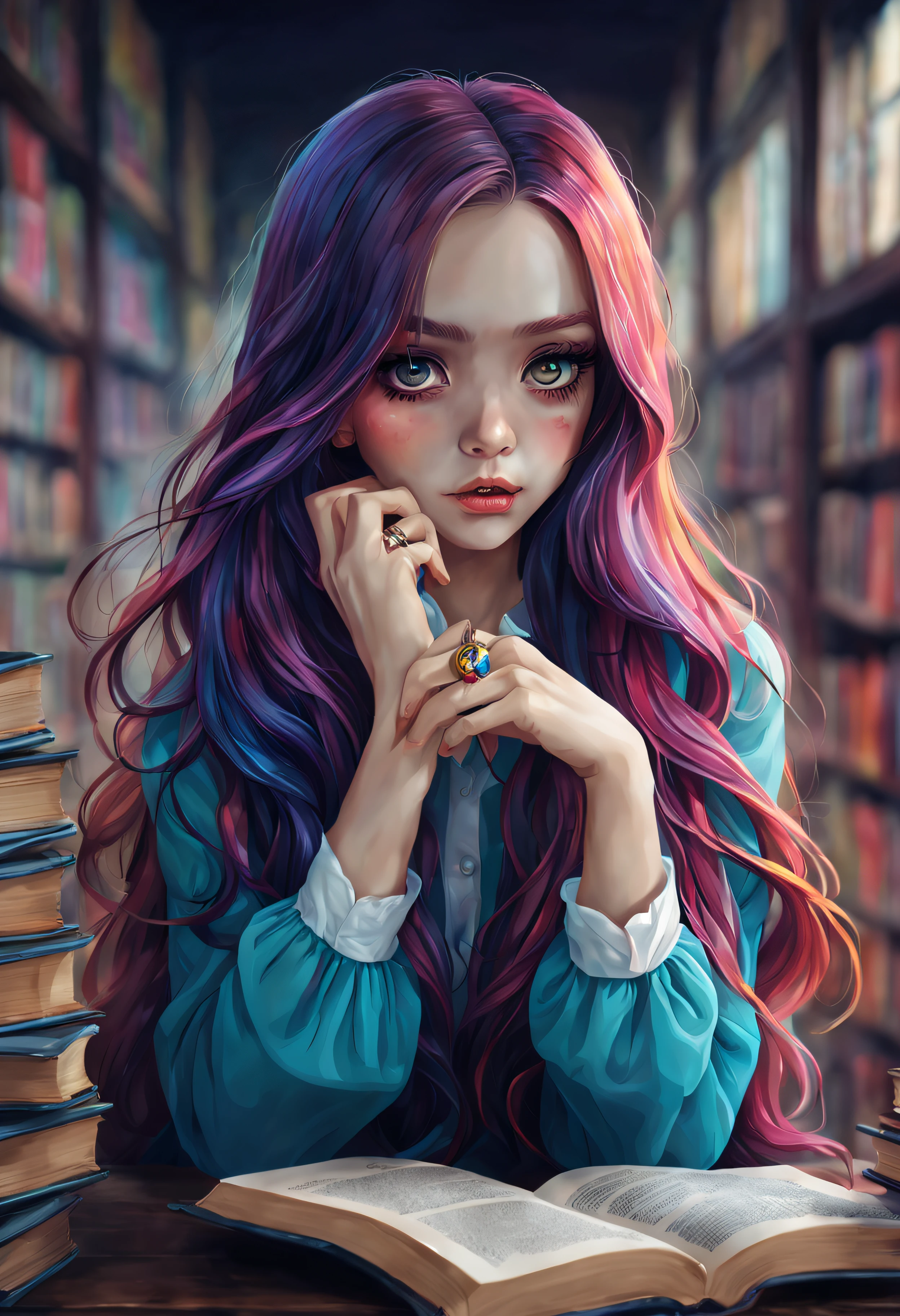 Une fille qui sait tout de ce monde、8 perspectives、beaux-arts、fantasmagorique、fond de bibliothèque、de beaux yeux、Belle posture、beaux cheveux longs colorés、Profondeur du sujet、représentation détaillée、dessus de la table、(couleurs plates:1.3)、(coloré:1.8)、(anneau:1.2)