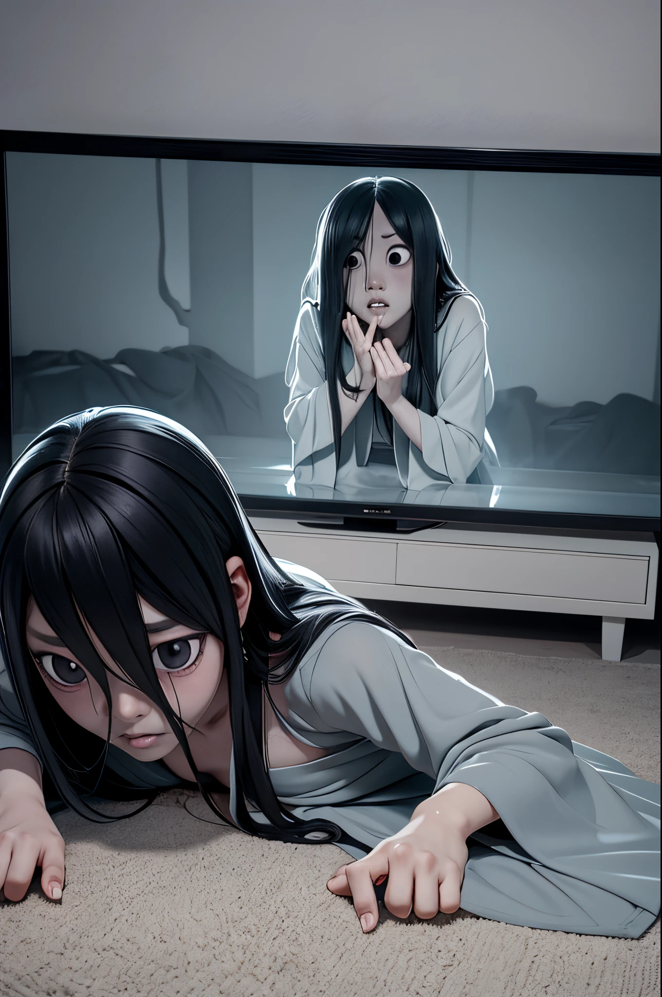 Anime girl laying on the floor in front of a television - SeaArt AI