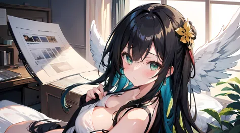 a woman, (black hair, detailed hair, green eyes, beautiful eyes finely detailed), pixiv contest winner, serial art, top rated on pixiv, angel wings, big breast, side boobs, wearing white angel cloth, her face is blushing, embarassed, seductive expression, ...